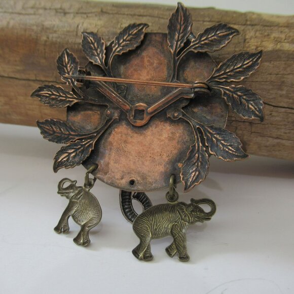 Vintage Elephant-Theme Mixed Metals Brooch Dangling Baby Elephant Charms - Picture 3 of 8